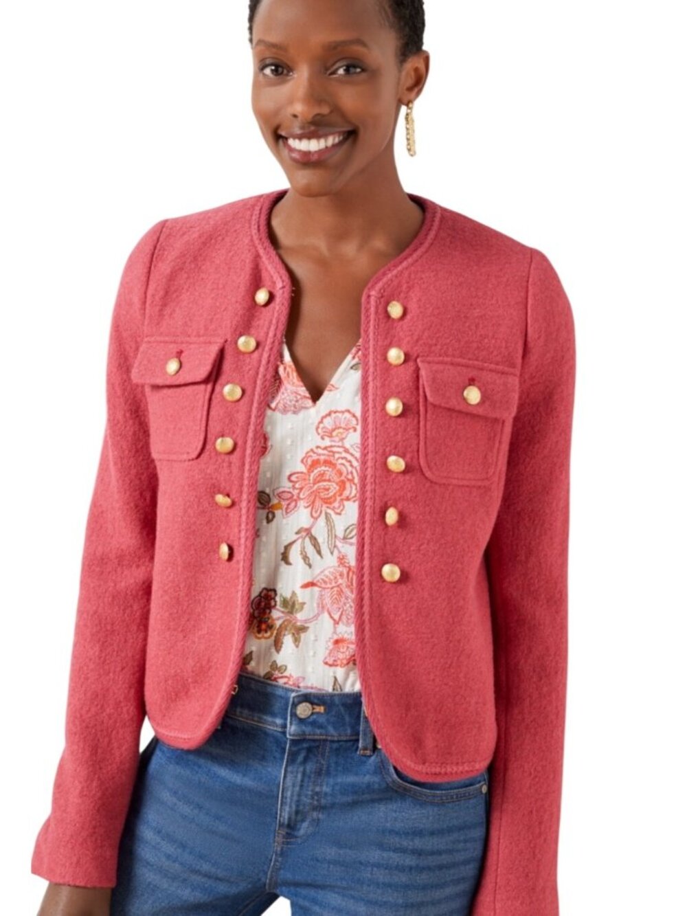 Talbots Berkshire Wool Blend Crop lady Jacket Gold Button Size 14 pink